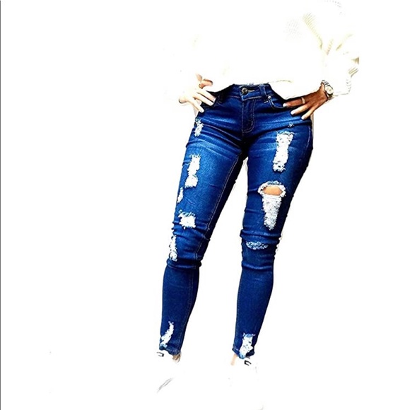 Juniors Womens Blue Stretch Jeans Ripped Uv-624 - Picture 2 of 6